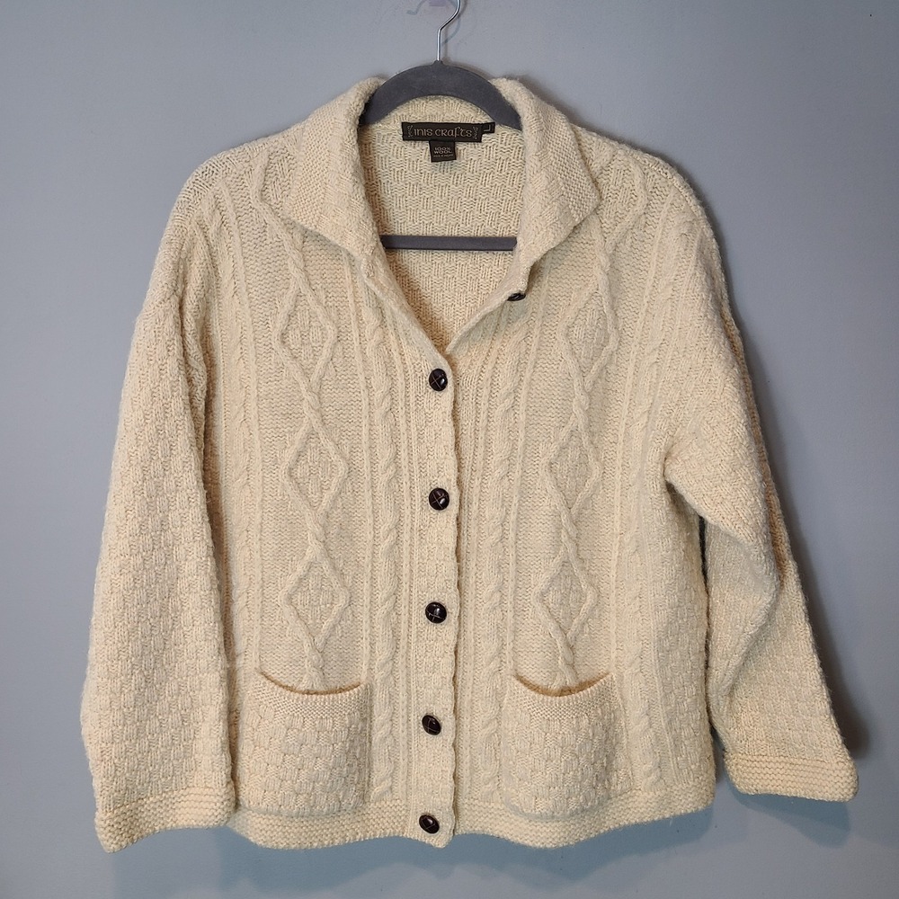 Inis Crafts Aran Fisherman Cardigan Sz L Cream Wool Sweater Ireland Cottage
